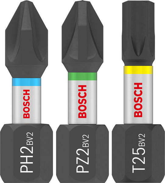 Komplet vijačnih nastavkov PRO Impact, PH2 (x 5), PZ2 (x 5), T20 (x 5), T25 (x 5), T30 (x 5), 25 mm, razstavno stojalo, 10 x 25 kosov