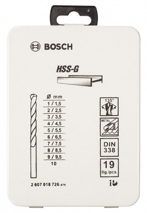 19-delni komplet svedrov za kovino HSS-G, DIN 338, 135° v kovinski škatli, 1–10 mm