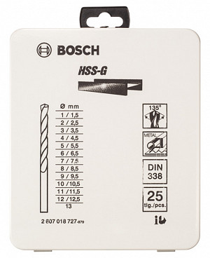 25-delni komplet svedrov za kovino HSS-G, DIN 338, 135° v kovinski škatli, 1–13 mm