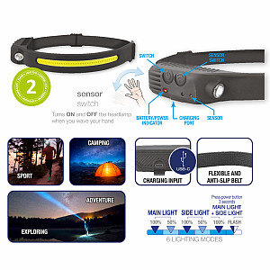 LED (COB) naglavna svetilka s senzorskim stikalom 4 W, 280 lm