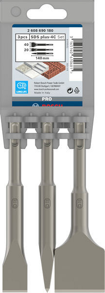 Komplet dlet PRO SDS plus-4C, koničasto 140 mm, ploščato 20 x 140 mm, široko 40 x 140 mm, 3 kosi
