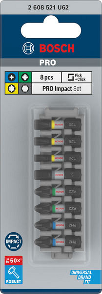 Komplet vijačnih nastavkov PRO Impact, PH2 (x 2); PZ2 (x 2); H5; T20; T25; T30, 25 mm, 8-delni