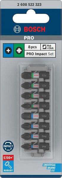 Komplet vijačnih nastavkov PRO Impact, PH1; PH2 (x 2); PH3; PZ1; PZ2 (x 2); PZ3, 25 mm, 8 kosov
