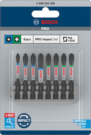 Komplet vijačnih nastavkov PRO Impact, PH1, PH2 (x 2), PH3, PZ1, PZ2 (x 2), PZ3, 55 mm, 8 kosov