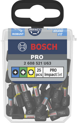 Komplet vijačnih nastavkov PRO Impact, PH2 (x 5), PZ2 (x 5), T20 (x 5), T25 (x 5), T30 (x 5), 25 mm, razstavno stojalo, 10 x 25 kosov