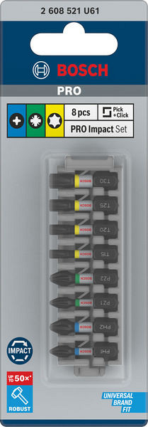 Komplet vijačnih nastavkov PRO Impact, PH1; PH2; PZ1; PZ2; T15; T20; T25; T30, 25 mm, 8-delni