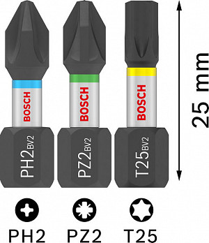 Komplet vijačnih nastavkov PRO Impact, PH2 (x 5), PZ2 (x 5), T20 (x 5), T25 (x 5), T30 (x 5), 25 mm, razstavno stojalo, 10 x 25 kosov