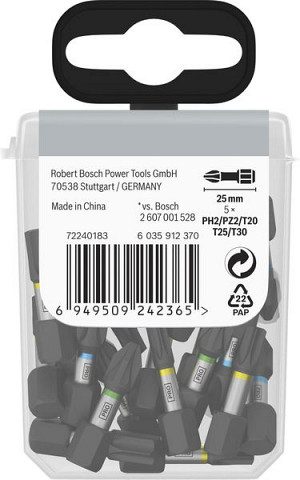 Komplet vijačnih nastavkov PRO Impact, PH2 (x 5), PZ2 (x 5), T20 (x 5), T25 (x 5), T30 (x 5), 25 mm, razstavno stojalo, 10 x 25 kosov