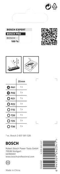 Komplet vijačnih nastavkov PRO Impact, PH1; PH2; PZ1; PZ2; T15; T20; T25; T30, 25 mm, 8-delni