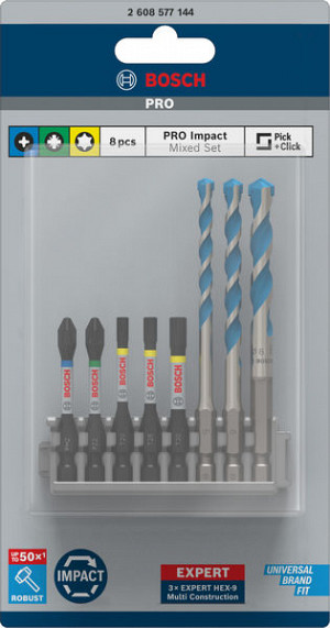 Mešani 8-delni komplet s svedri PRO Impact Set in škatlo Pick and Click, PH2 x 50 mm, PZ2 x 50 mm, T20 x 50 mm, T25 x 50 mm, T30 x 50 mm, MC 5/6/8 x 50 mm