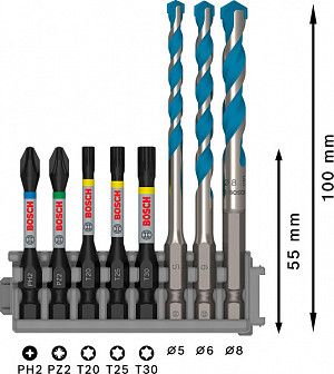 Mešani 8-delni komplet s svedri PRO Impact Set in škatlo Pick and Click, PH2 x 50 mm, PZ2 x 50 mm, T20 x 50 mm, T25 x 50 mm, T30 x 50 mm, MC 5/6/8 x 50 mm