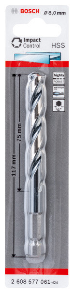 Sveder s šesterorobim steblom HSS 8,0 mm