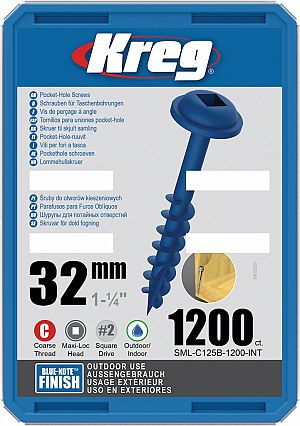 Slika izdelka: KREG® Blue-Kote vijaki (grob navoj, Maxi-Loc) - 32 mm / 1.25", 1200 kos