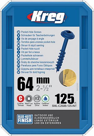 Slika izdelka: KREG® Blue-Kote vijaki (grob navoj, Maxi-Loc) - 64 mm / 2.5", 125 kos