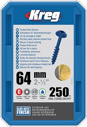 Slika izdelka: KREG® Blue-Kote vijaki (grob navoj, Maxi-Loc) - 64 mm / 2.5", 250 kos