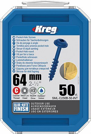 Slika izdelka: KREG® Blue-Kote vijaki (grob navoj, Maxi-Loc) - 64 mm / 2.5", 50 kos