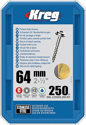 Slika izdelka: KREG® Nerjaveči (INOX) vijaki (grobi navoj, Maxi-Loc) - 64 mm / 2.5", 250 kos