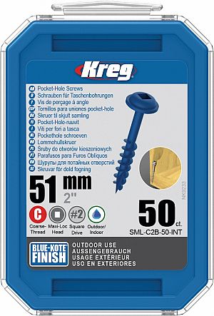 Slika izdelka: KREG® Blue-Kote vijaki (grob navoj, Maxi-Loc) - 51 mm / 2", 50 kos