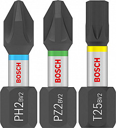 Komplet vijačnih nastavkov PRO Impact, PH2 (x 5), PZ2 (x 5), T20 (x 5), T25 (x 5), T30 (x 5), 25 mm, razstavno stojalo, 10 x 25 kosov